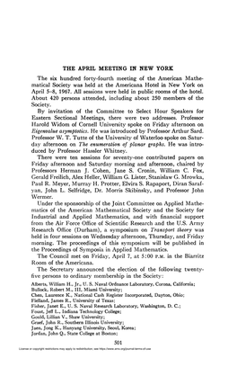 Matical Society Was Held at the Americana Hotel in New York on April 5-8, 1967