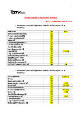 Dowozy Uczniów Do Szkół Gmina Rudziniec. ROZKŁAD WAŻNY OD