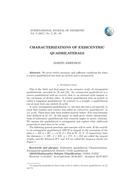 Characterizations of Exbicentric Quadrilaterals