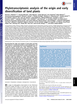 Phylotranscriptomic Analysis of the Origin and Early PNAS PLUS Diversification of Land Plants