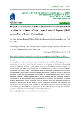 Zooplankton Diversity and Its Relationships with Environmental Variables in a West African Tropical Coastal Lagoon (Ebrié Lagoon, Côte D’Ivoire, West Africa)