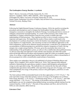 The Geobiosphere Emergy Baseline: a Synthesis Mark T. Brown