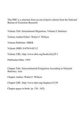 Intercontinental Emigration According to National Statistics: Asia