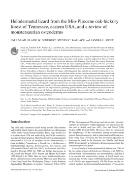 Helodermatid Lizard from the Mio−Pliocene Oak−Hickory Forest of Tennessee, Eastern USA, and a Review of Monstersaurian Osteoderms