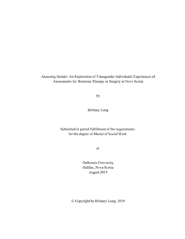 Assessing Gender: an Exploration of Transgender Individuals' Experiences of Assessments for Hormone Therapy Or Surgery in Nova Scotia