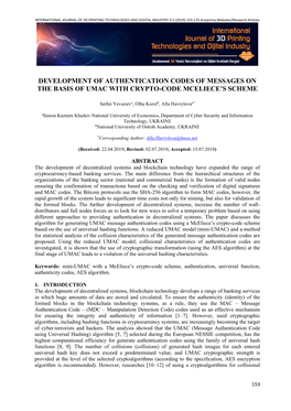 Development of Authentication Codes of Messages on the Basis of Umac with Crypto-Code Mceliece’S Scheme