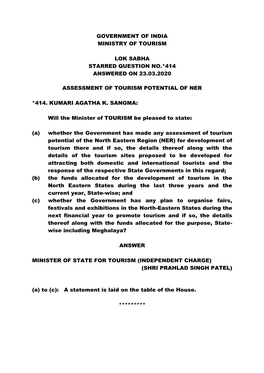 Government of India Ministry of Tourism Lok Sabha Starred Question No.*414 Answered on 23.03.2020 Assessment of Tourism Potentia