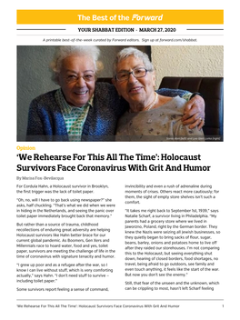 Holocaust Survivors Face Coronavirus with Grit and Humor by Marisa Fox-Bevilacqua