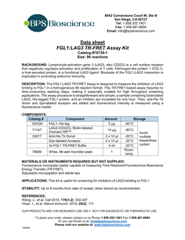 Data Sheet FGL1:LAG3 TR-FRET Assay Kit Catalog #79739-1 Size: 96 Reactions