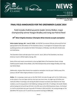 Final Field Announced for the Greenbrier Classic 2014