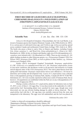 First Record of Lilioceris Lilii (Coleoptera: Chrysomelidae) Eggs in a Wild Population of Streptopus Amplexifolius (Liliaceae) S