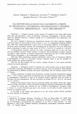 Gli Isotopi Dello Solfo Dei Giacimenti a Pirite Di Niccioleta, Gavorrano, Boccheggiano E Ritorto (Toscana Meridionale) - Dati Preliminari'