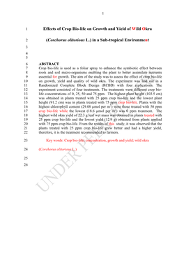 Effects of Crop Bio-Life on Growth and Yield of Wild Okra (Corchorus