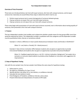 1 Two Independent Samples T Test Overview of Tests Presented Three