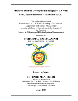 “Study of Business Development Strategies of CA Audit Firms, Special Reference – Haribhakti & Co.”