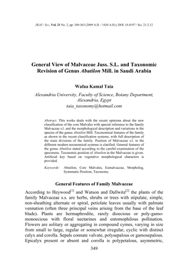 General View of Malvaceae Juss. S.L. and Taxonomic Revision of Genus Abutilon Mill