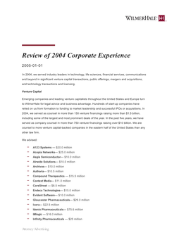 Review of 2004 Corporate Experience | Wilmerhale