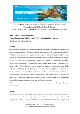 Uberlândia-MG, 19 a 22 De Setembro De 2017 Sociedade Brasileira De Economia Ecológica the Georgescu-Roegen Versus Solow/Stigli