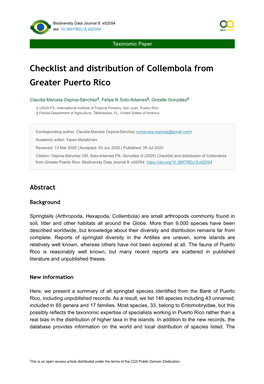 Checklist and Distribution of Collembola from Greater Puerto Rico