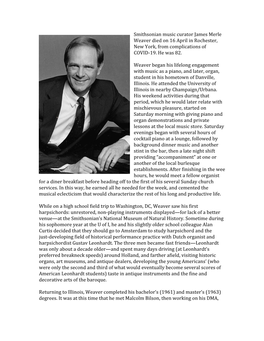 Smithsonian Music Curator James Merle Weaver Died on 16 April in Rochester, New York, from Complications of COVID-19