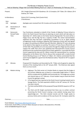 The Minutes of Abberley Parish Council Held at Abberley Village Hall Committee Meeting Room at 7.30Pm on Wednesday 20 February 2019