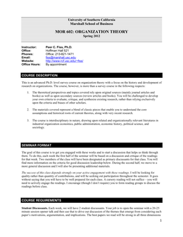 ORGANIZATION THEORY Spring 2012