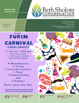 Purim Carnival SUNDAY, MARCH 8 11:30 Am - 2:00 Pm Doors Open Early at 10:30 Am for Children Under 5 & Their Parents