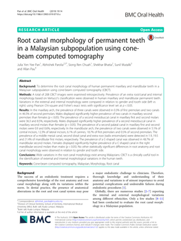 Root Canal Morphology of Permanent Teeth in a Malaysian Subpopulation