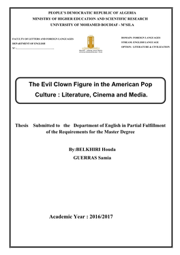 The Evil Clown Figure in the American Pop Culture : Literature, Cinema and Media