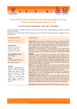 General Health Status, Quality of Life and Social Support of Young Athletes and Young Non-Athletes in Yazd