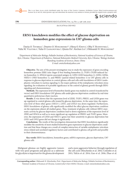 ERN1 Knockdown Modifies the Effect of Glucose Deprivation on Homeobox Gene Expressions in U87 Glioma Cells