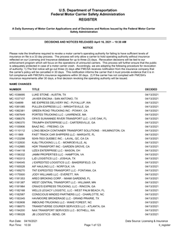 U.S. Department of Transportation Federal Motor Carrier Safety Administration REGISTER