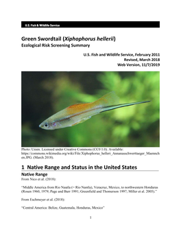 Green Swordtail (Xipohphorus Helleri) Ecological Risk Screening Summary