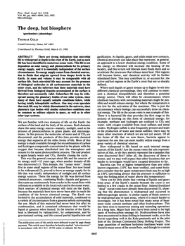 The Deep, Hot Biosphere (Geochemistry/Planetology) THOMAS GOLD Cornell University, Ithaca, NY 14853 Contributed by Thomas Gold, March 13, 1992