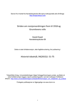 Striden Om Revisjonsordningen Frem Til 1918 Og Grunnlovens Rolle Historisk Tidsskrift, 94(2015)1: 51-75