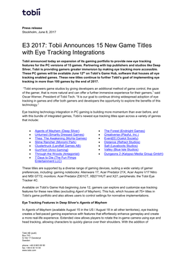 E3 2017: Tobii Announces 15 New Game Titles with Eye Tracking Integrations