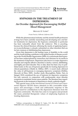 Hypnosis in the Treatment of Depression Is Clearly Underdeveloped