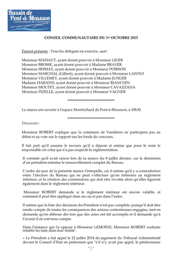 Procès-Verbal Du Conseil Communautaire Du 1Er Octobre 2015