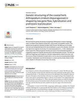 Genetic Structuring of the Coastal Herb Arthropodium Cirratum (Asparagaceae) Is Shaped by Low Gene Flow, Hybridization and Prehistoric Translocation