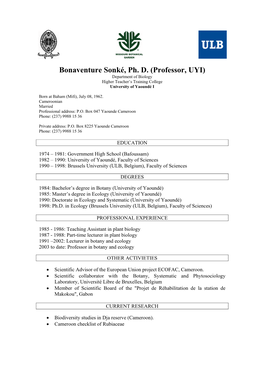 Bonaventure Sonké, Ph. D. (Professor, UYI) Department of Biology Higher Teacher’S Training College University of Yaoundé I