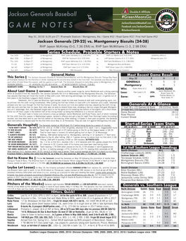 Game Notes Page 2 Listen to the Jackson Generals Baseball Network Season Series 2018 Vs