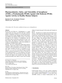 Pharmacokinetics, Safety, and Tolerability of Saroglitazar (ZYH1), a Predominantly Ppara Agonist with Moderate Pparc Agonist Activity in Healthy Human Subjects