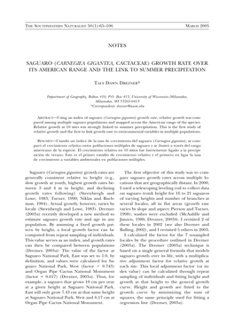 Carnegiea Gigantea, Cactaceae) Growth Rate Over Its American Range and the Link to Summer Precipitation