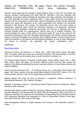 Alchemy and Alchemists, 1932, 248 Pages, Charles John Samuel Thompson, 0486421104, 9780486421100, Courier Dover Publications, 1932