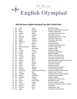 2012 De Beers English Olympiad Top 100 in Rank Order