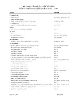 Alexandria Library, Special Collections Archive and Manuscript Collection Index - 2004