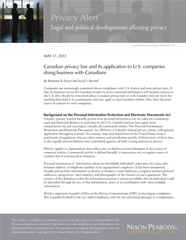 Canadian Privacy Law and Its Application to U.S. Companies Doing Business with Canadians