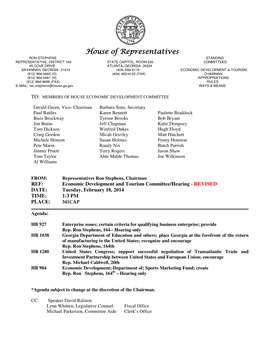 Economic Development and Tourism Committee/Hearing - REVISED DATE: Tuesday, February 18, 2014 TIME: 1-3 PM PLACE: 341CAP