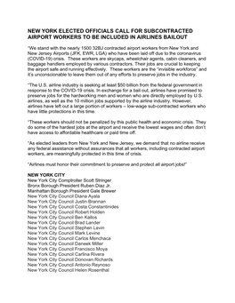 New York Elected Officials Call for Subcontracted Airport Workers to Be Included in Airlines Bailout