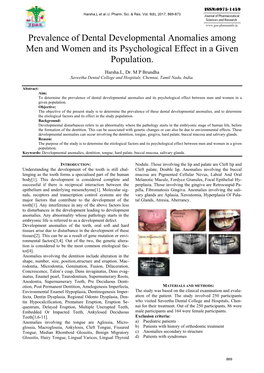 Prevalence of Dental Developmental Anomalies Among Men and Women and Its Psychological Effect in a Given Population